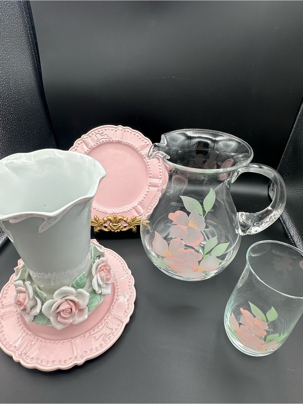 Romantic Cottage-core pink Floral Glass Pitcher with Rose vase and bunny plates